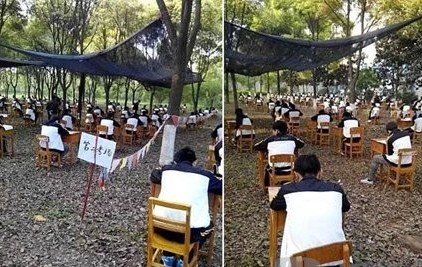 What should I do if it’s too hot? Hubei No. 1 High School took an exam in the woods .jpg