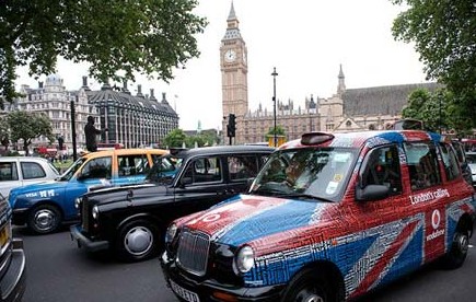 London taxi drivers gathered to protest against Olympic traffic control.jpg