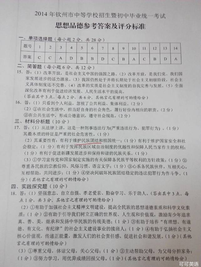 2014年广西钦州市中考政治真题试卷附答案(扫描版)