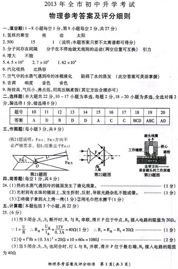 2013年辽宁省朝阳市中考物理真题试卷附答案(扫描版)