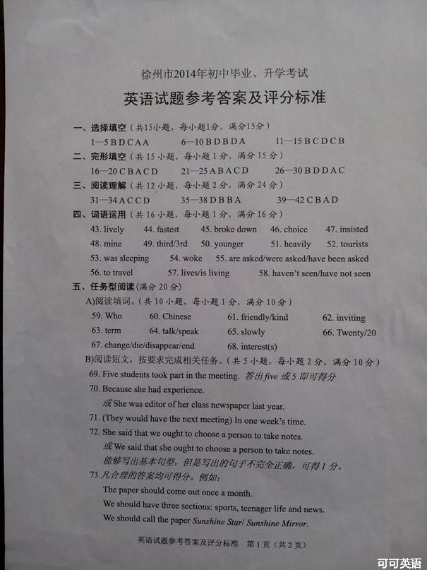 2014年江苏省徐州市中考英语真题试卷附答案