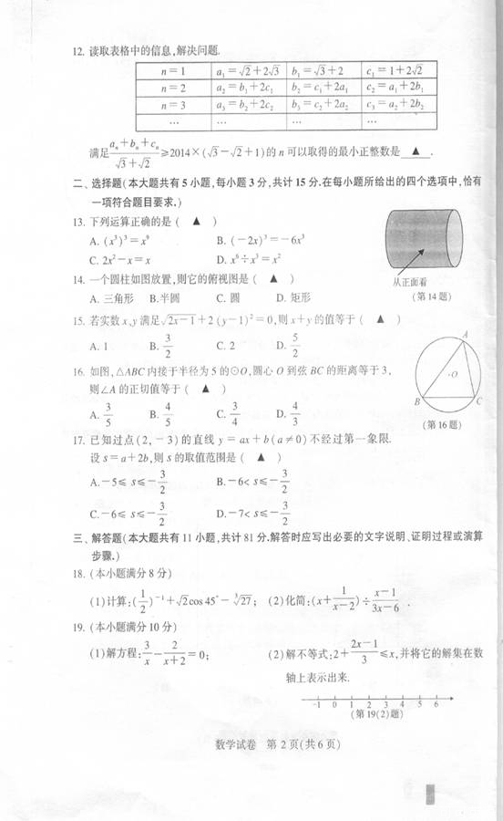 2014年江苏省镇江市中考数学真题试卷(扫描版)