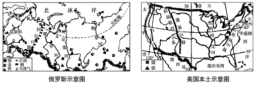 读俄罗斯和美国本土示意图,完成下列各题.(6分)