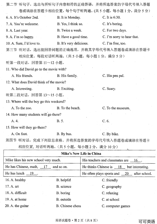 2012年云南省中考英语真题试卷(扫描版)