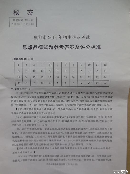 2014年四川成都中考政治真题附答案