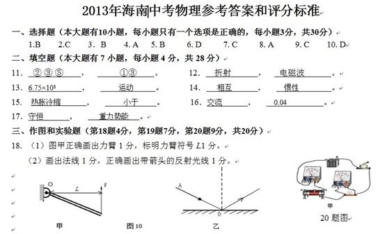 2013年海南省中考物理真题试卷附答案