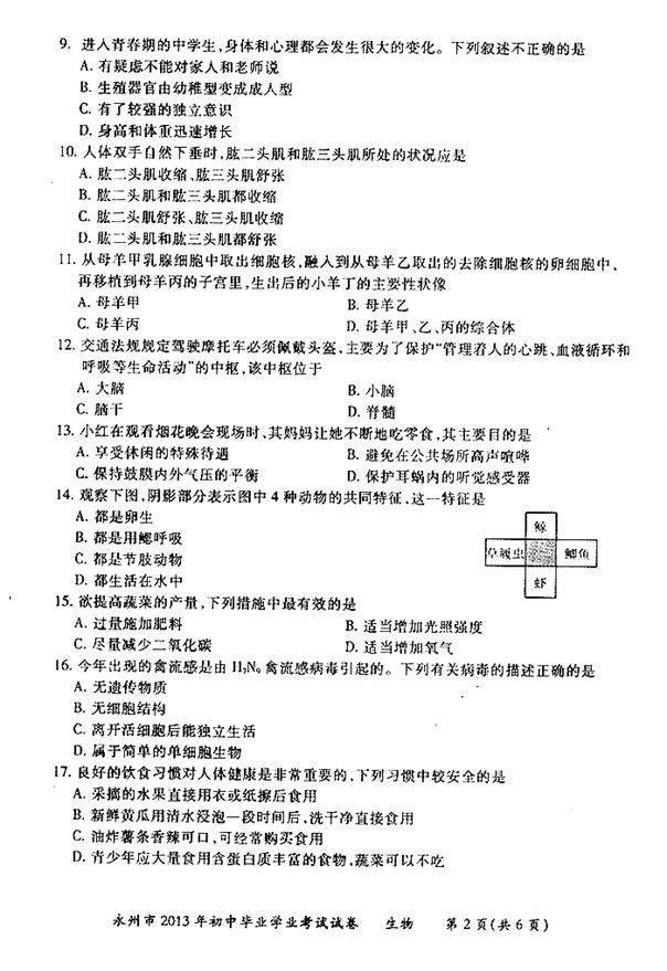 2013年湖南永州中考生物真题附答案(扫描版)