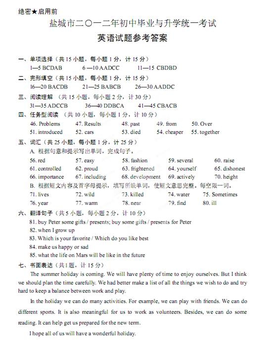 2012年江苏省盐城市中考英语真题试卷附答案(扫描版)