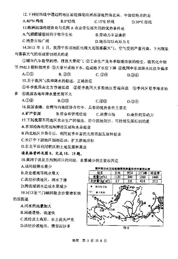 2013年山东威海中考地理真题附答案(扫描版)