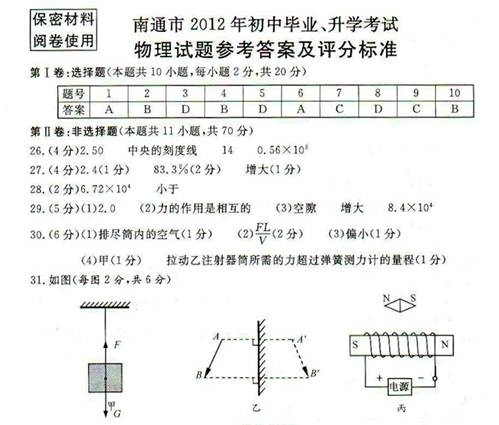 2012年江苏省南通市中考物理真题试卷附答案