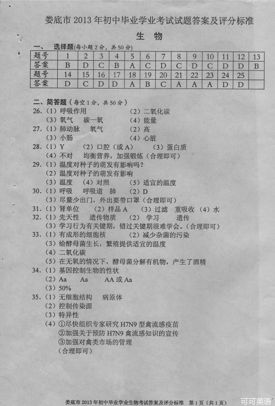 2013年湖南娄底中考生物真题附答案(扫描版)