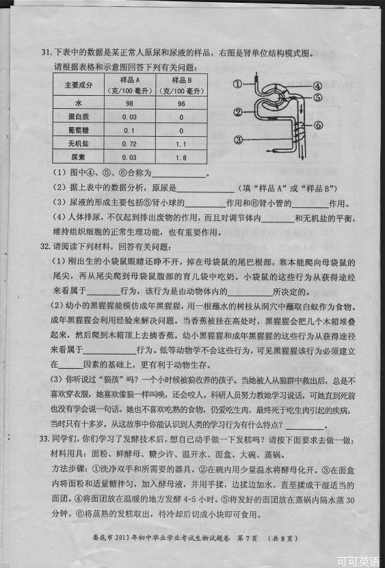 2013年湖南娄底中考生物真题附答案(扫描版)