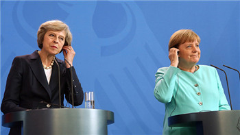 The new British Prime Minister May's first meeting with Merkel.jpg