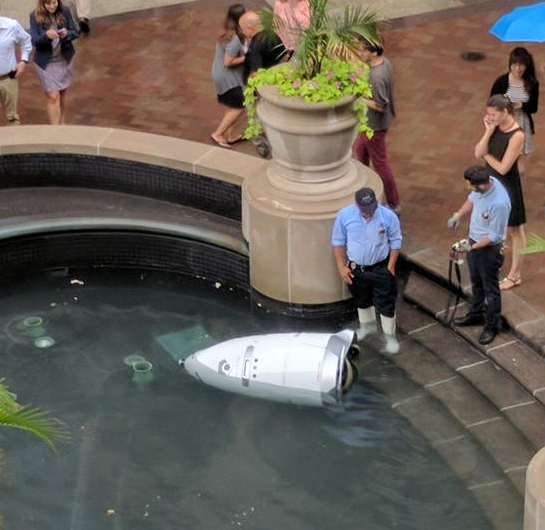 The American patrol robot fell into the fountain pool and can only wait for someone to save .jpg