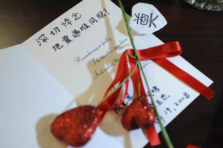 A sympathy card was seen at the Chinese Embassy in Washington. DC, United States, on May 20, 2008. Staffers of the Embassy, local Chinese and overseas Chinese and some U.S officers attended the mourning ceremony on Tuesday for the victims of the 8.0-magnitude quake on Richter scale hitting southwest and northwest China&apos;s regions on May 12.