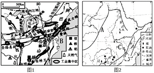 读"美国东北部工业分布图(图1)和"我国东北部工业分布图(图2,回答5